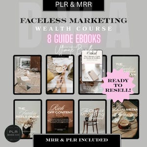 May include: An image showcasing a digital marketing bundle with eight guide ebooks on faceless marketing, including guides on YouTube, TikTok, and Instagram. The image includes the text "READY TO RESELL!" and "MRR & PLR INCLUDED."