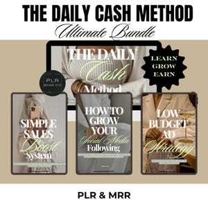 Op de afbeelding: Afbeelding van een digitale marketingbundel getiteld "The Daily Cash Method". De bundel bevat gidsen over verkoop, social media groei en low-budget adverteren. De tekst "Learn, Grow, Earn" is ook zichtbaar.