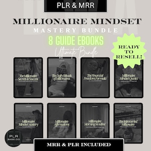 Op de afbeelding: Afbeelding van een digitaal productpakket genaamd "Millionaire Mindset Mastery Bundle" met 8 gids-ebooks. De tekst "Ready to Resell!" en "PLR & MRR Included" zijn inbegrepen.