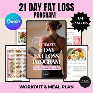 Fettförbränningsplan 21 dagars måltidsprogram, Canva-mall | Digital nedladdning | Fitness- och näringsguide för tränare PLR