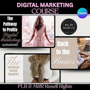Può includere: Grafica del corso di marketing digitale con il testo "Digital Marketing Course" in alto. L'immagine include il testo "The Pathway to Profits Digital Marketing" e "The Instagram Growth Blueprint". La grafica include anche il testo "PLR & MRR Resell Rights".
