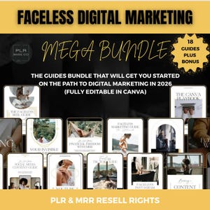 Può includere: Un mega pacchetto di marketing digitale con 18 guide più un bonus, con il testo "Faceless Digital Marketing" e "Mega Bundle". Le guide sono completamente modificabili in Canva e includono argomenti come i social media.