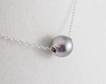 Tahitian floating pearl necklace, saltwater black pearl jewelry, sterling silver