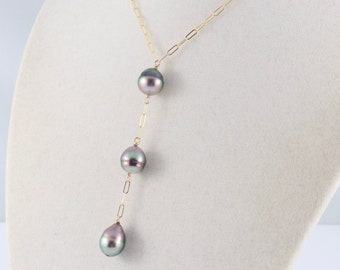 Tahitian pearl necklace, Tahitian pearl drop pendant, lariat style necklace, saltwater black pearls, handcrafted pearl jewelry