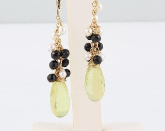 Pearl gemstone earrings, lemon yellow quartz earrings, black spinel gemstone cascade earrings, freshwater pearls, handcrafted jewelry