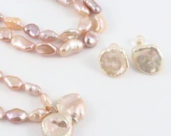 Pearl necklace and earrings set, keshi pearl studs and pendant, handmade jewelry