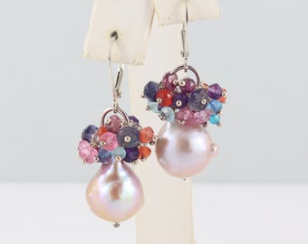 Pearl earrings, multicolour gemstone cluster earrings, freshwater pearl earrings, pearl jewelry, handmade gemstone jewelry