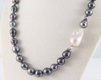 Tahitian pearl necklace, fireball pearl necklace, teardrop tahitian pearl necklace, baroque saltwater black pearl, orbit clasp