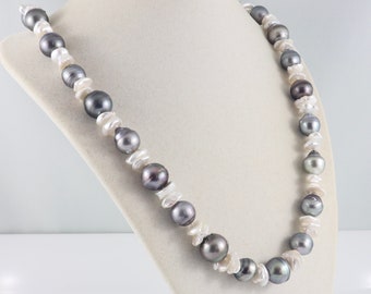 Tahitian pearl necklace, keshi pearl necklace, long pearl necklace, large 12mm pearls, freshwater and saltwater black pearl jewelry