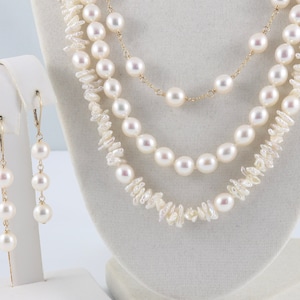Collane a strati, set di orecchini con collana di perle, collana di perle Keshi, collana in tazza di latta, set di collana di perle a tre strati, gioielli di perle