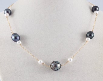 Gesneden Tahitiaanse parelketting, zoetwateraccentparels, handgemaakte sieraden, 14k gold filled