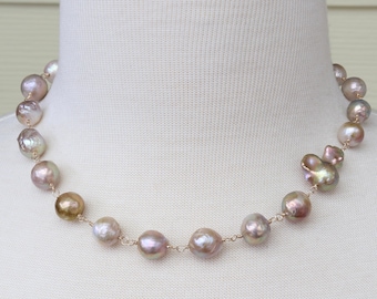 Pearl necklace, Edison pearl necklace, fireball freshwater pearl, natural colour  golden bronze mauve pondslime,, handmade pearl jewelry