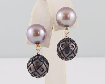 Tahitian pearl earrings, Pearl stud earrings, carved Tahitian pearls, Edison pearl earrings, stud dangle earrings, black pearl earrings