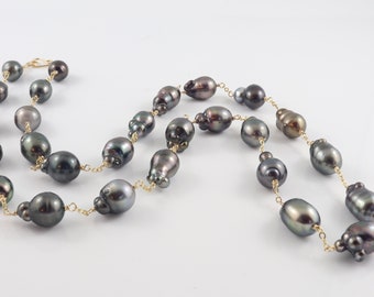 Tahitian Pearl necklace, tokki pearl necklace, saltwater black pearl necklace, long Tahitian pearl necklace, handmade pearl jewelry