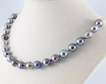 Collier de perles de Tahiti, collier de perles moitié-moitié, collier de perles noires, chaîne de trombone avec fermoir à bascule, bijoux en perles artisanaux