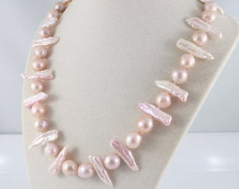 Pink pearl necklace, stick pearl necklace, freshwater pearl jewelry, hand knotted pearl jewelry, ripple pearl Chinese nucleated pearl