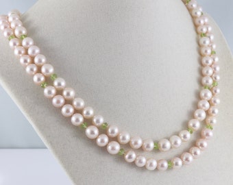 Pink pearl necklace, double strand pearl necklace, peridot gemstone necklace, freshwater pearl necklace, gift for her August birthday