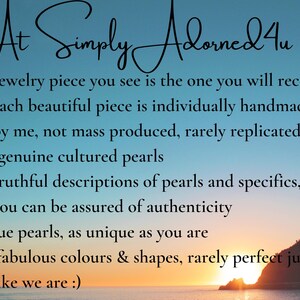 May include: Image with text: "At Simply Adorned 4u". The text describes handmade jewelry with real cultured pearls. The background shows a sunset over the ocean with a silhouette of a mountain.