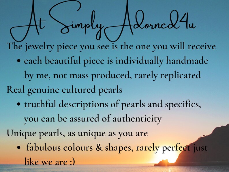 May include: Image with text: "At Simply Adorned 4u". The text describes handmade jewelry with real cultured pearls. The background shows a sunset over the ocean with a silhouette of a mountain.