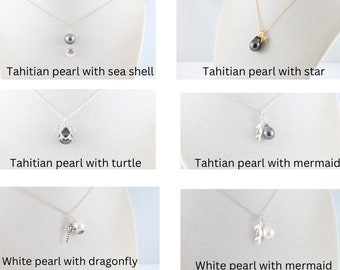 Pearl charm necklaces, Tahitian pearl pendant, beach pearl jewelry, dragonfly charm, seashell charm, mermaid charm, turtle charm, starfish