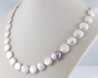 Pearl necklace, coin pearl necklace, pearl jewelry, freshwater pearl necklace, white and purple pearls, handcrafted jewelry