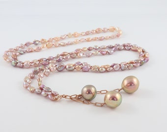 Pearl pendant, keshi pearl necklace, long pearl pendant necklace, rose gold filled chain, freshwater pearl jewelry