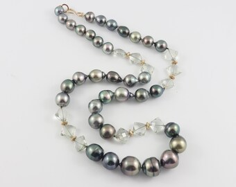 Tahitian pearl necklace, green amethyst necklace, Prasiolite gemstone necklace, saltwater black pearl necklace , handcrafted pearl jewelry