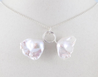 Pearl necklace, double flameball pearl pendant, white fireball pearl necklace, baroque freshwater pearl, handcrafted pearl jewelry