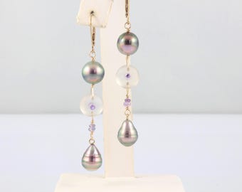 Tahitian pearl earrings, sapphire earrings, peacock Tahitian pearl earrings, saltwater black pearl earrings, handcrafted pearl jewelry