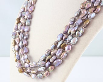 Long collier de perles, collier de perles double rang, collier de perles keshi, vase d'étang gris mauve bronze, cordon de perles, bijoux en perles