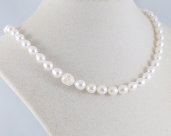 Pearl skull necklace, nearly classic white pearl necklace, men’s pearl necklace, carved pearl necklace, freshwater pearl jewelry