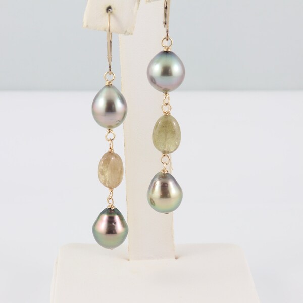 Tahitian pearl earrings, sapphire earrings, Tahitian pistachio pearl earrings, saltwater black pearl earrings, handcrafted pearl jewelry