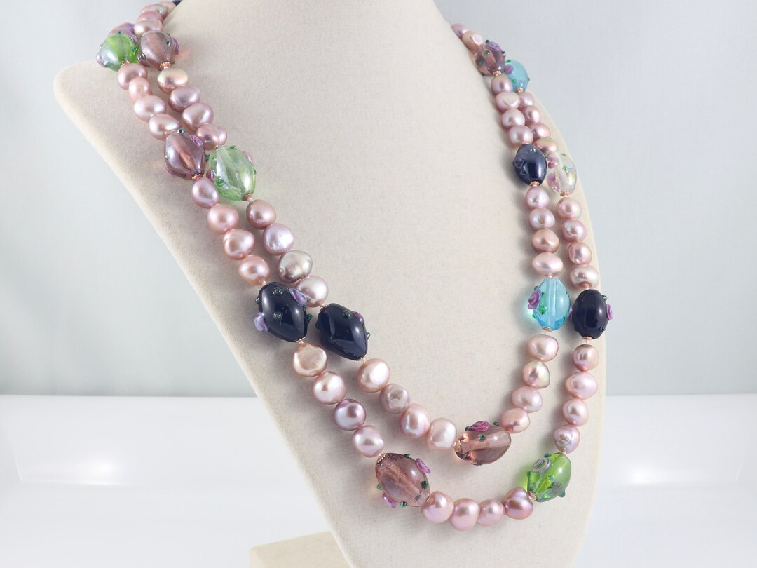 Long Pearl Necklace, Mauve Pearl Rope Necklace, Lampwork Bead Necklace ...