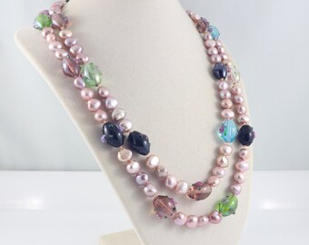 Long pearl necklace, mauve pearl rope necklace, lampwork bead necklace, multicolor necklace, handmade pearl jewelry, freshwater pearls