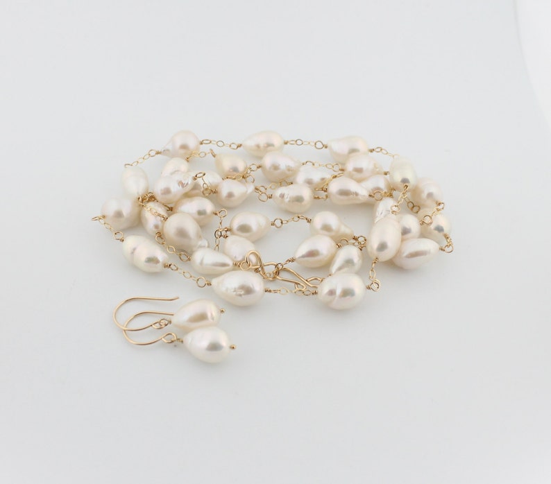 handmade jewelry set fireball freshwater pearls drop earrings handcrafted: Simply Adorned Long rope pearl necklace white bridal wedding