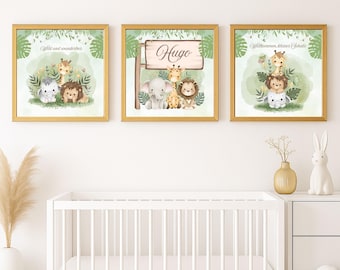 Children's room 3-piece poster set – square baby room wall art – jungle animals giraffe lion elephant – personalized children's room decor