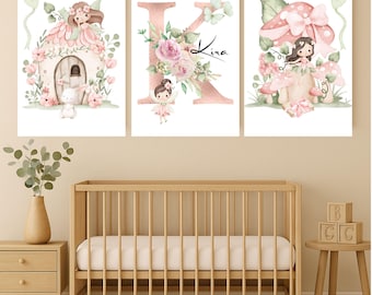 Personalized Fairy Poster Set | Set of 3 Kids' Room Decor | Girls' Room Wall Art | Fairy House, Letter & Fairy | Boho Pink | 20 x 30 cm 2:3