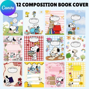 Op de afbeelding: Een verzameling van 12 schriftenkaften met Snoopy en Woodstock in diverse scènes. Elke kaft bevat een wit label met de tekst COMPOSITION BOOK en lijnen om op te schrijven. De ontwerpen bevatten kleurrijke patronen, schoolspullen en natuurelementen.