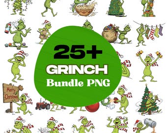 Paquete de imágenes prediseñadas del Grinch con diseños PNG navideños, descarga digital