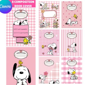 May include: Eight digital composition book covers featuring Snoopy and Woodstock in various pink-themed settings. Designs include checkered and striped backgrounds, floral accents, and labels with the text Composition Book. Characters are shown reading, holding flowers, and relaxing.