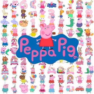 Op de afbeelding: Een verzameling illustraties van Peppa Pig-personages met diverse houdingen, outfits en feestthema's, gecentreerd rond een groot blauw wolkvormig logo met de roze tekst Peppa Pig, met cijfers, ballonnen en kleurrijke getekende dieren.