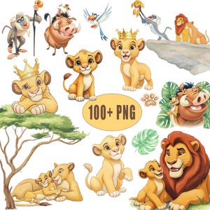 Pode incluir: Uma coleção de ilustrações digitais com personagens de O Rei Leão, incluindo Simba, Nala, Mufasa, Timon, Pumbaa, Rafiki e Zazu. As imagens incluem várias poses de leões, uma árvore, folhas e uma pegada, com o texto 100+ PNG.