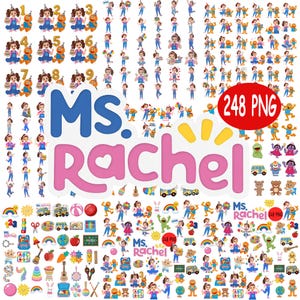 Könnte beinhalten: Eine digitale Sammlung von 248 PNG-Dateien mit Ms. Rachel, einer orangefarbenen Handpuppe und verschiedenen Lernsymbolen wie Regenbögen, Schulbussen und Musikinstrumenten. Der Text Ms. Rachel ist in großen blauen und rosa Buchstaben dargestellt.
