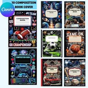May include: A collection of seven composition book covers featuring various themes including space, monster trucks, football, soccer, basketball, video games, racing, and baseball. Each cover displays a central label for writing a name.
