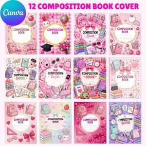 May include: A collection of 12 composition book covers featuring pink and pastel themes with illustrations of backpacks, school supplies, bows, hearts, and stationery. Each cover includes a central label with the text COMPOSITION BOOK.