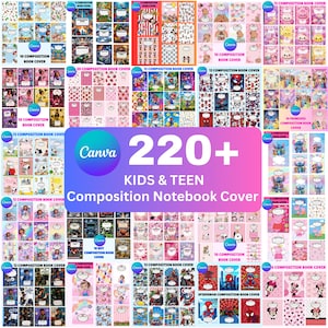 May include: A collection of over 220 digital composition notebook covers featuring diverse themes including cartoon characters, superheroes, animals, and patterns. Each cover includes a white label area for personalisation and the Canva logo.