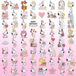 May include: A collection of Snoopy and Woodstock stickers featuring birthday themes, party hats, cakes, balloons, gifts, and confetti. The illustrations include Snoopy in various poses, some wearing party hats, with the text HAPPY BIRTHDAY displayed.