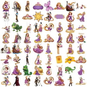 May include: A collection of stickers featuring Rapunzel, Flynn Rider, Maximus the horse, and Pascal the chameleon in various poses, including scenes with a boat, a sun emblem, a lantern, a butterfly, and floral elements, all in a vibrant color palette.