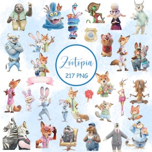 May include: A digital collection of Zootopia character illustrations featuring Judy Hopps, Nick Wilde, Flash, and other animals in various poses. The set includes a Zootopia Police badge, a red paw print, and text reading Zootopia 217 PNG.