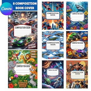 May include: A collection of eight composition book covers featuring diverse themes including race cars, superheroes, underwater scenes, military aircraft, monster trucks, jungle animals, space exploration, and western cowboys with horses.